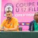 Conférence de Presse d'avant match. Coach Ivoirien Mathieu esposito en Orange à droite et la capitaine de l'équipe Ouédraogo Mariam à gauche