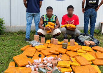 Côte d’Ivoire : 80 blocs de cannabis saisis à Orbaf, deux suspects interpellés 7 Deux jeunes hommes arrêtés dans le cadre d’une opération antidrogue à Orbaf, avec du cannabis dans les mains et des produits stupéfiants posés au sol.